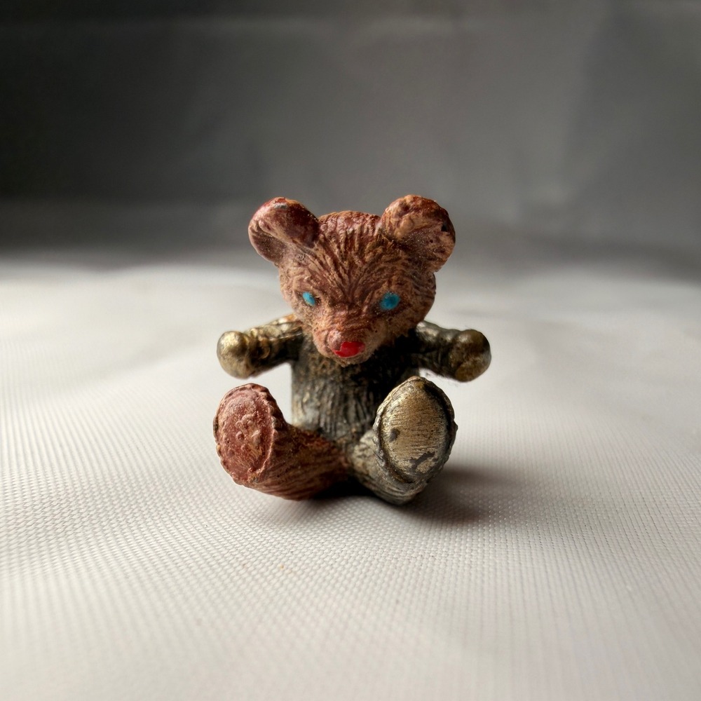 Miniature Teddy Bear Figurine Blue Eyes Textured Silver Brown Hallmark 0.75in